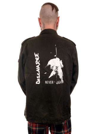 BBH914 Discharge Never Again Black Over Dyed Ex Army Flak Jacket