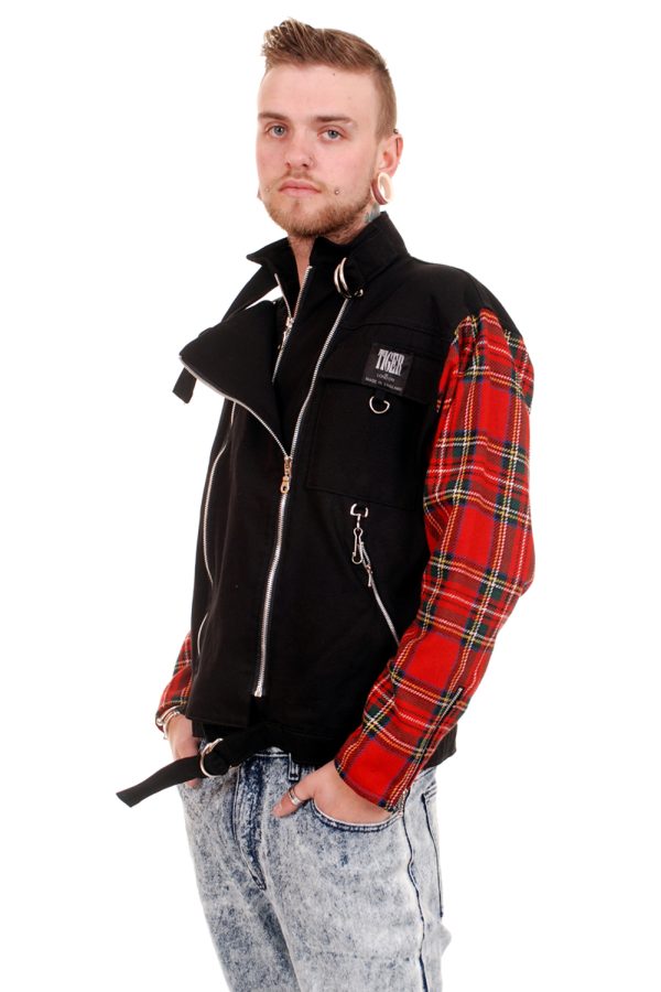 Tiger Black Cotton Zipped Jacket with Red Tartan Sleeves.-9416