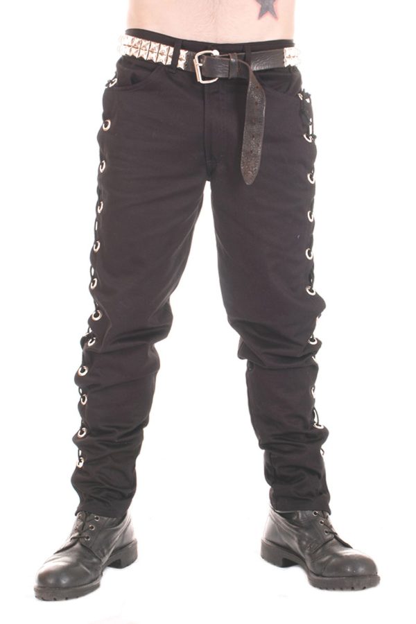Black Cotton Trousers with Large Eyelets and Lace Sides.-9992