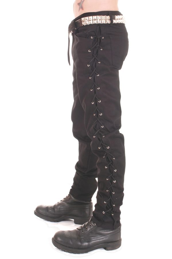 Black Cotton Trousers with Small Eyelets and Laced Sides.-9995