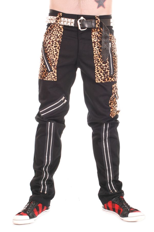 Tiger of London Zip Bondage Pants in Black Cotton with Leopard Trim.-10015