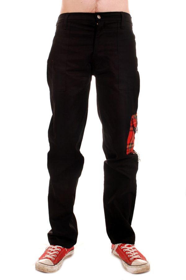 Black Cotton Work Pants with Red Tartan Tiger Side Pocket.-9494