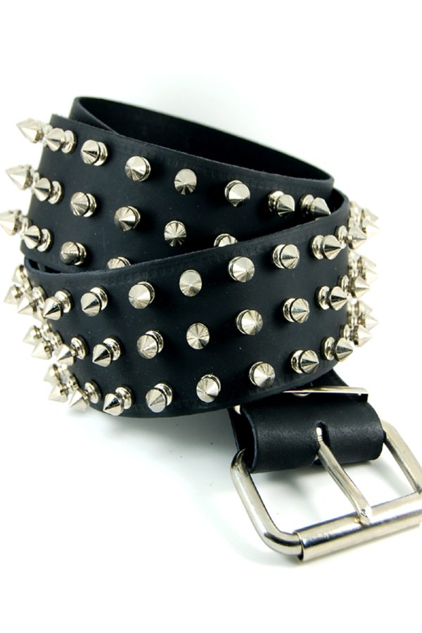 3 Row Spike Stud Black Leather Belt-9379