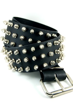 DEB100 3 Row Spike Stud Black Leather Belt