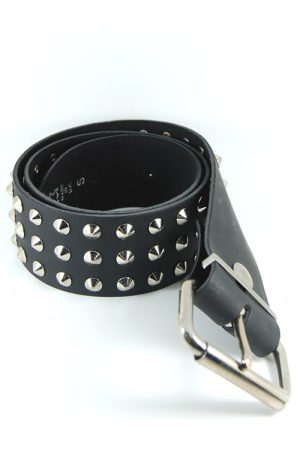 DEB103 3 Row Conical Stud Black Leather Belt