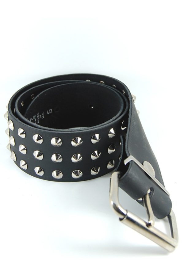 3 Row Conical Stud Black Leather Belt-9338