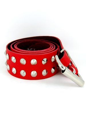 DEB125 Red Leather 2 Row Conical Stud Belt