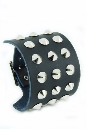 3 Row Conical Stud Leather Wristband.