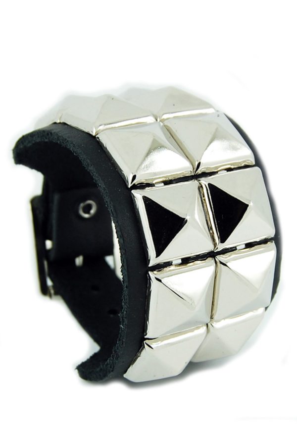 2 Row Pyramid Stud Black Leather Wristband-9290