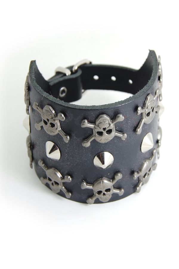 3 Row Skull and Conical Stud Leather Wristband-9796