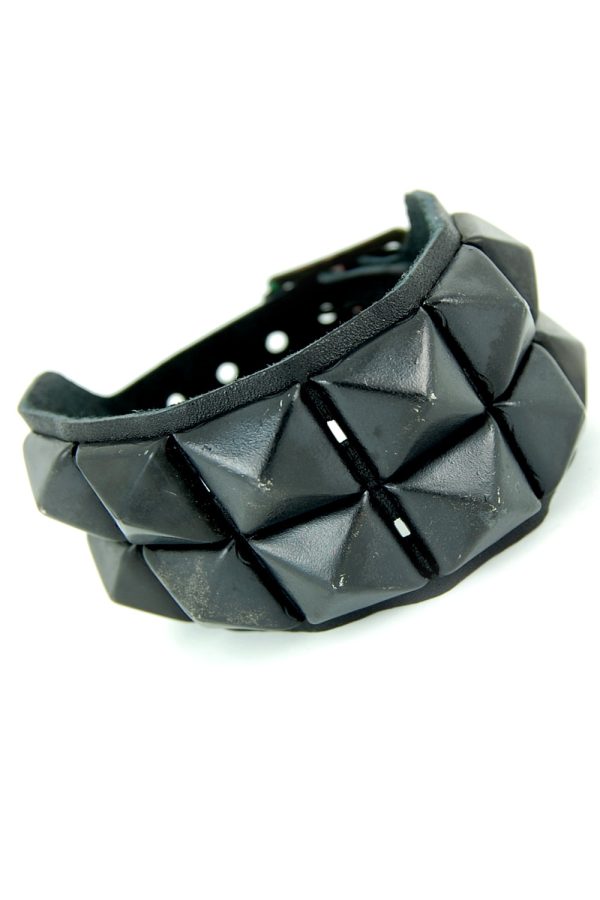 2 Row Black Pyramid Stud Leather Wristband-9813
