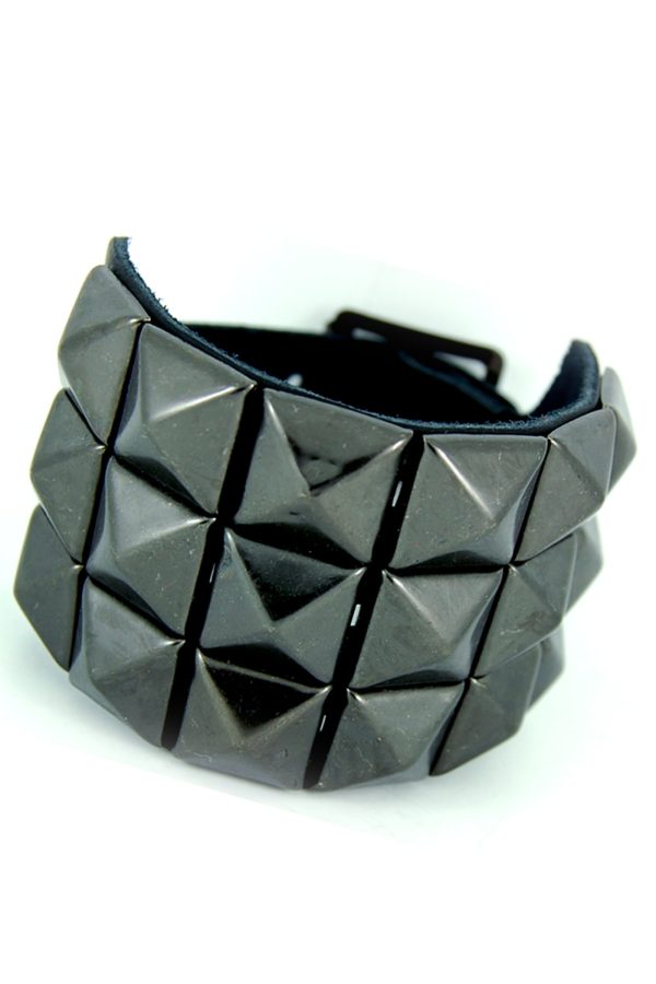 3 Row Black Pyramid Stud Leather Wristband-9816