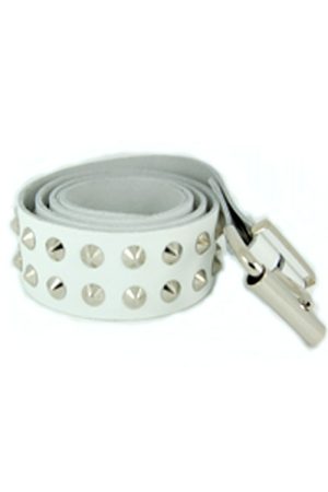 DEB128 White Leather 2 Row Conical Stud Belt